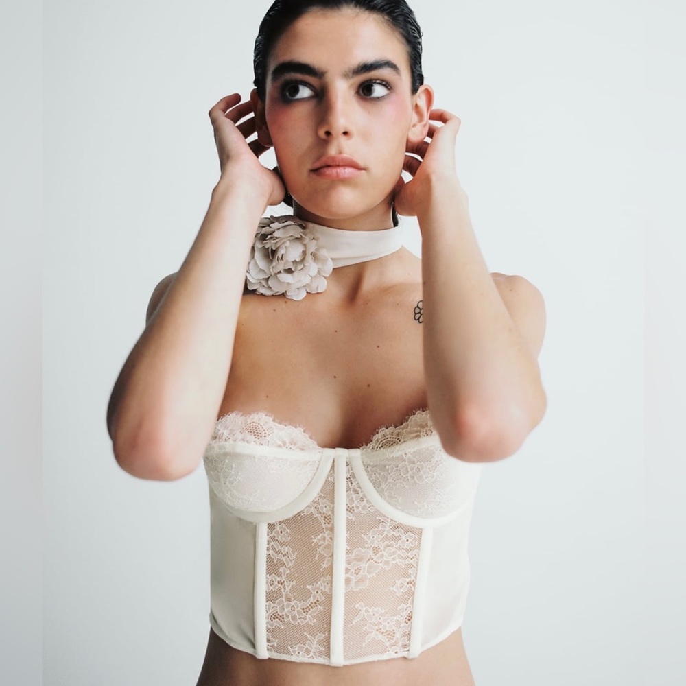 TopsZARA NWT white chantilly lace sheer bustier corset top cropped